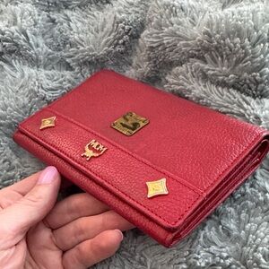MCM Scarlet Leather Wallet with Gold Accents